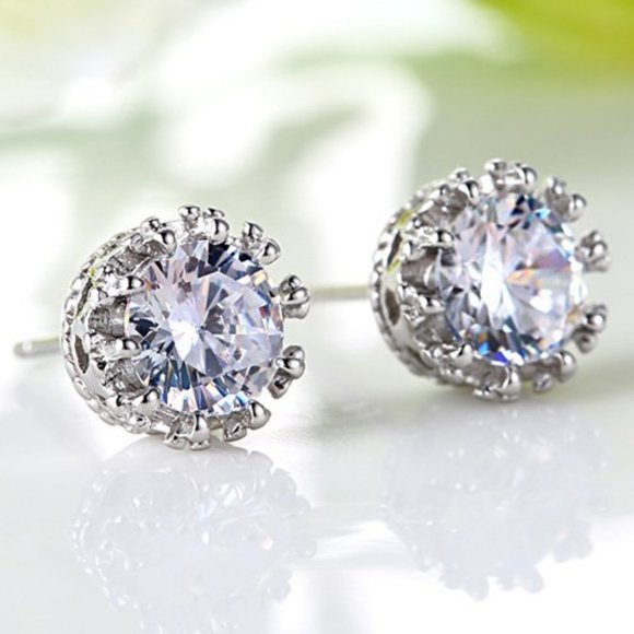 925 Sterling Silver Diamond Crown Stud Earrings - Picture 2 of 7
